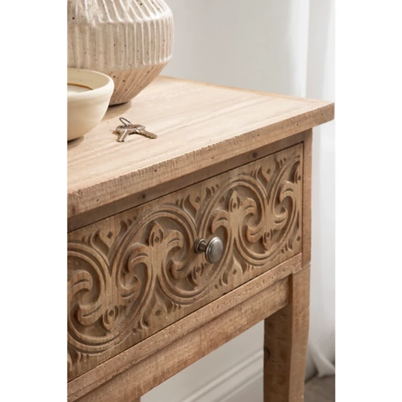 Rustic Brown Ornate Carved Wood Accent Table