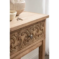 Rustic Brown Ornate Carved Wood Accent Table