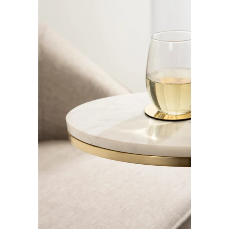 White Marble and Gold Oval C-Shape Accent Table