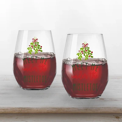 Meet Me Under the Mistletoe Wine Glasses, Set of 2