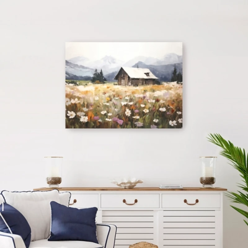 Floral Field Cabin Canvas Art Print, 32x24 in.