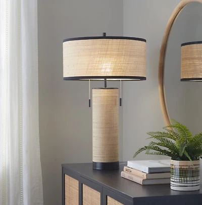 Natural Rattan and Black Metal Table Lamp