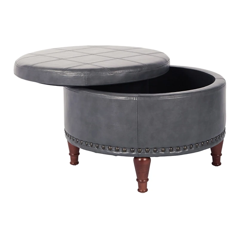 Pewter Leather Antique Nailhead Storage Ottoman