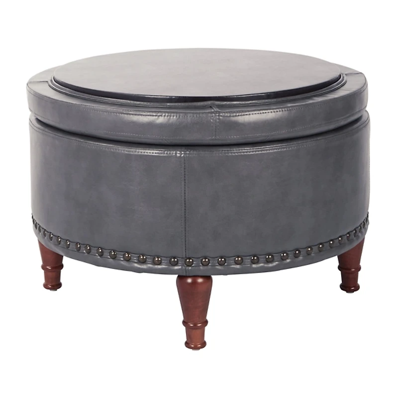 Pewter Leather Antique Nailhead Storage Ottoman