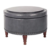 Pewter Leather Antique Nailhead Storage Ottoman