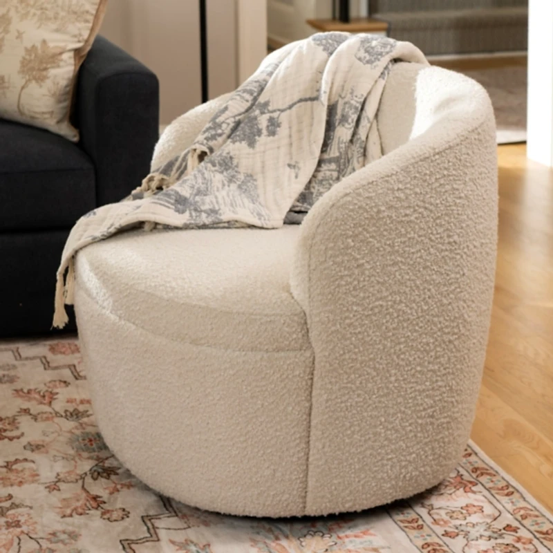 Small Round Cream Boucle Swivel Accent Chair