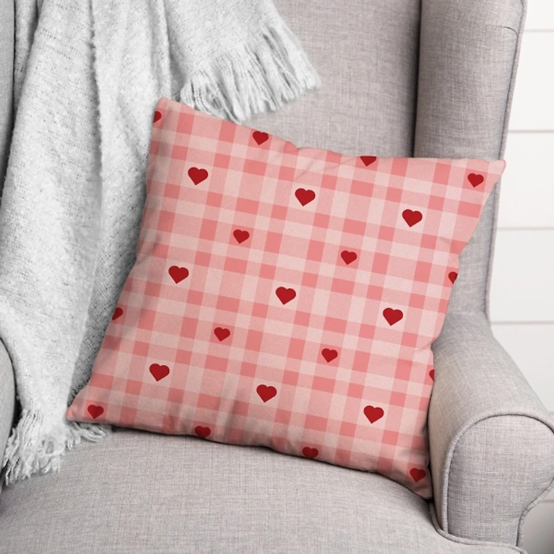 Pink Plaid Hearts Throw Pillow