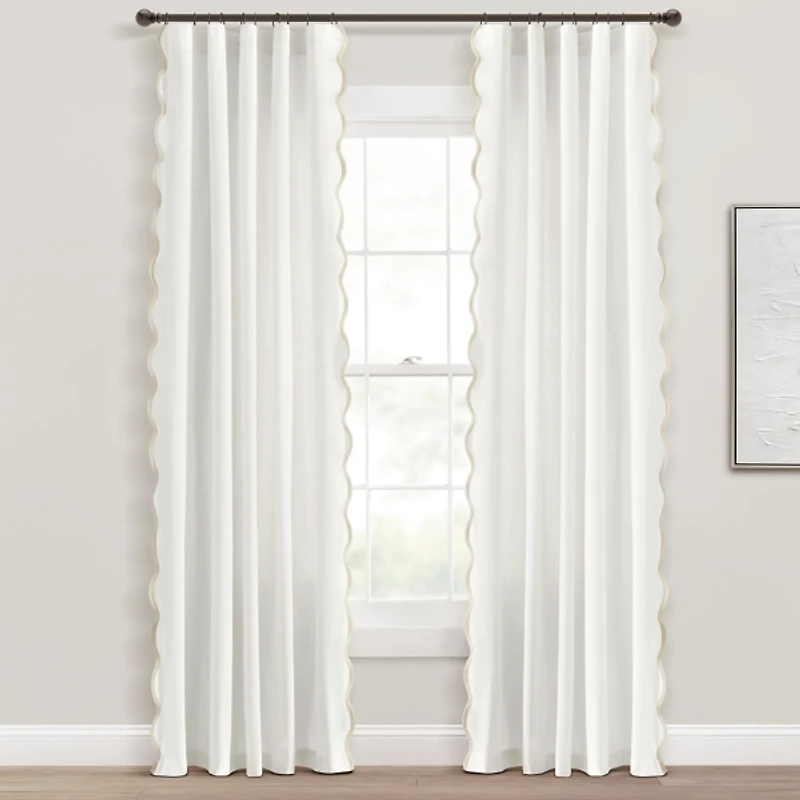 White and Tan Scalloped Curtain Panel Set, 84 in.