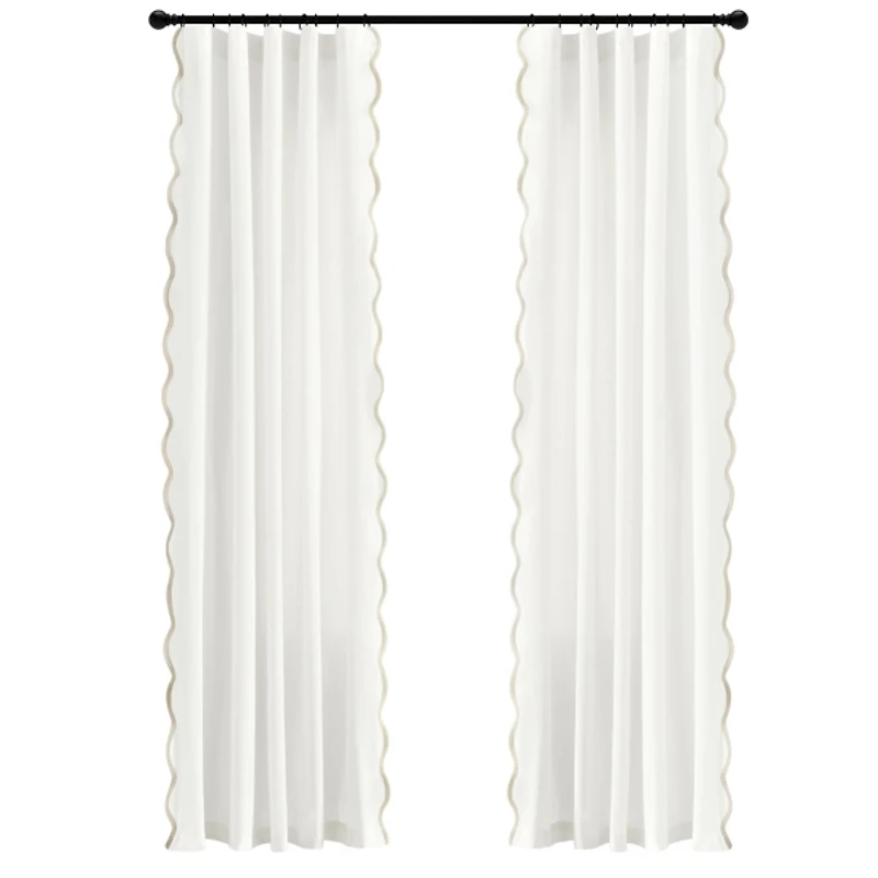 White and Tan Scalloped Curtain Panel Set, 84 in.