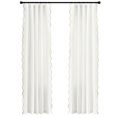 White and Tan Scalloped Curtain Panel Set, 84 in.