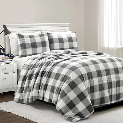 Gray Plaid Faux Fur 3-pc. King Comforter Set
