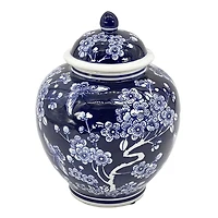 Dark Blue Floral Chinoiserie Jar, 10 in.