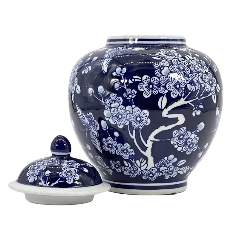 Dark Blue Floral Chinoiserie Jar, 10 in.