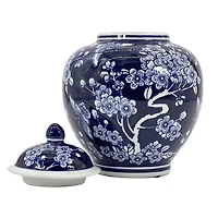 Dark Blue Floral Chinoiserie Jar, 10 in.