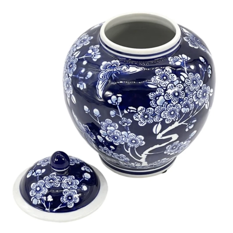 Dark Blue Floral Chinoiserie Jar, 10 in.