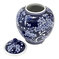 Dark Blue Floral Chinoiserie Jar, 10 in.