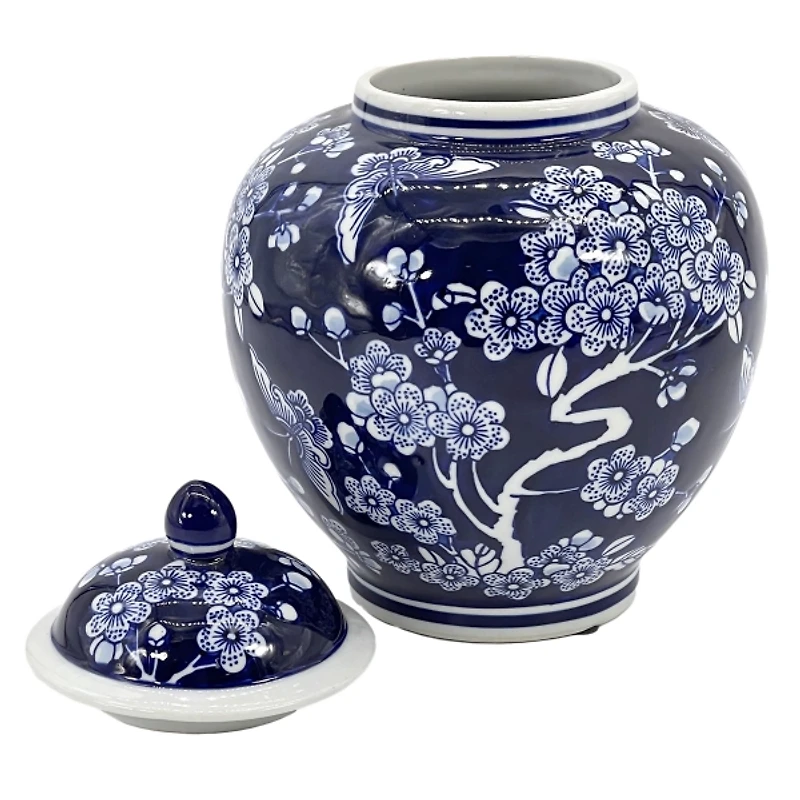 Dark Blue Floral Chinoiserie Jar, 10 in.