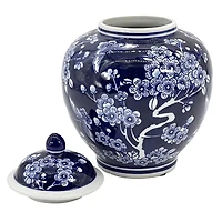 Dark Blue Floral Chinoiserie Jar, 10 in.