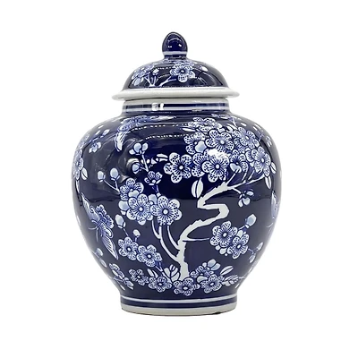 Dark Blue Floral Chinoiserie Jar, 10 in.