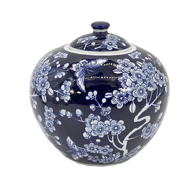 Dark Blue Floral Chinoiserie Jar, 8 in.