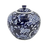 Dark Blue Floral Chinoiserie Jar, 8 in.
