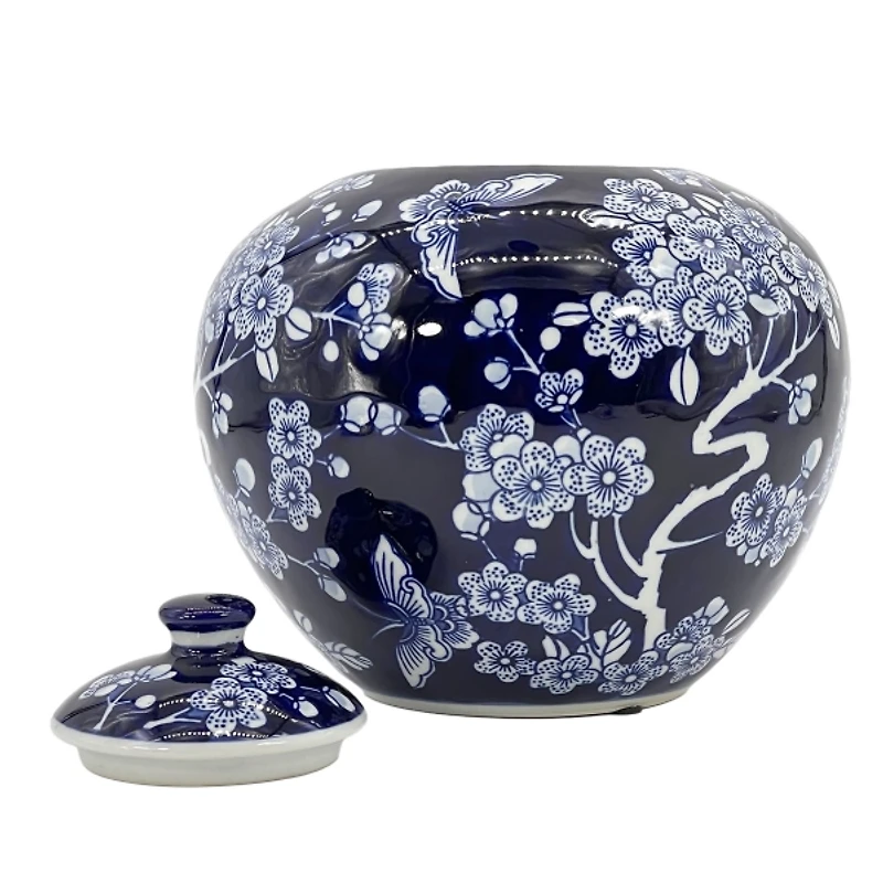 Dark Blue Floral Chinoiserie Jar, 8 in.