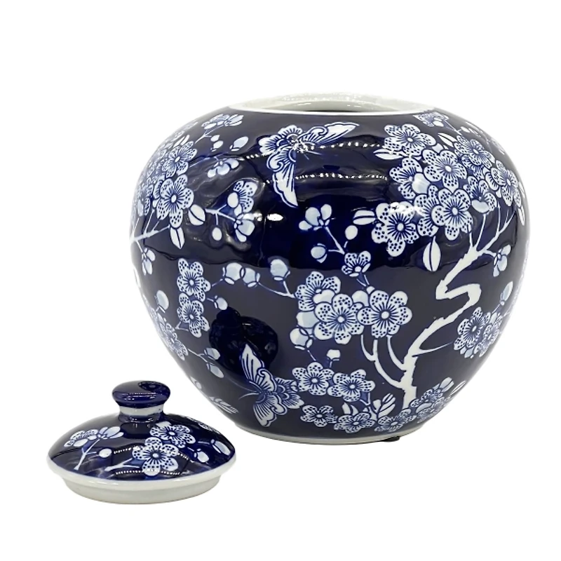Dark Blue Floral Chinoiserie Jar, 8 in.