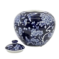 Dark Blue Floral Chinoiserie Jar, 8 in.
