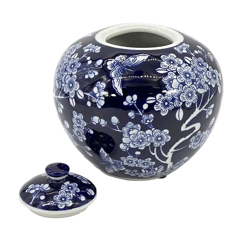 Dark Blue Floral Chinoiserie Jar, 8 in.