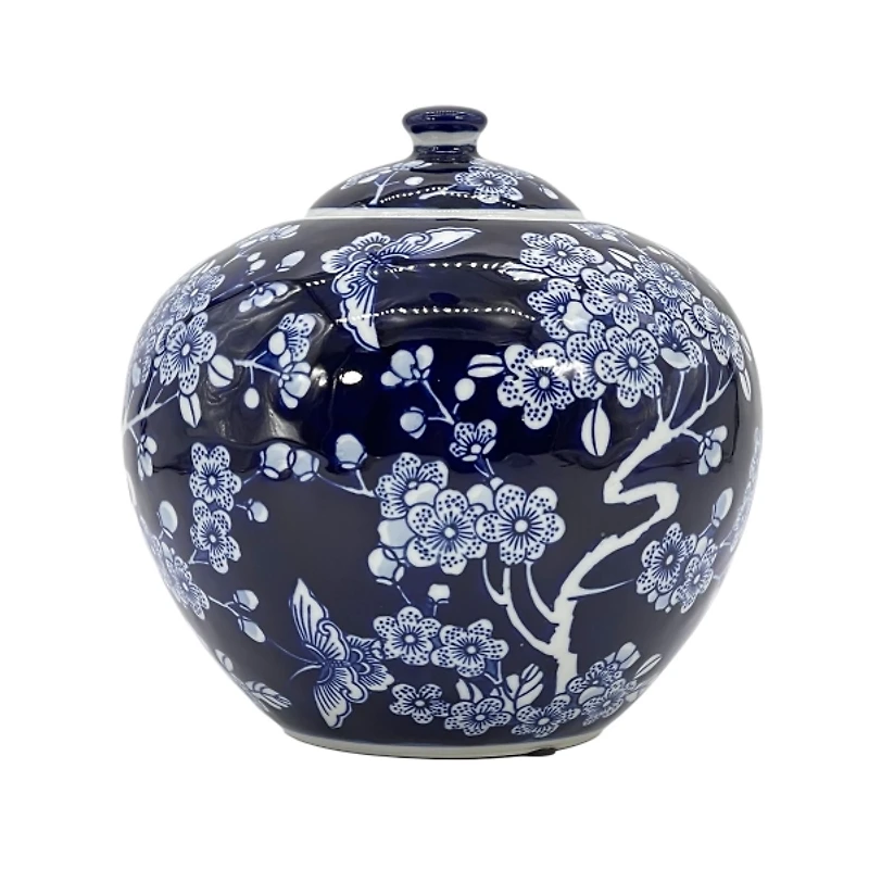 Dark Blue Floral Chinoiserie Jar, 8 in.