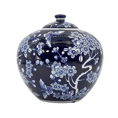 Dark Blue Floral Chinoiserie Jar, 8 in.