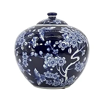 Dark Blue Floral Chinoiserie Jar, 8 in.