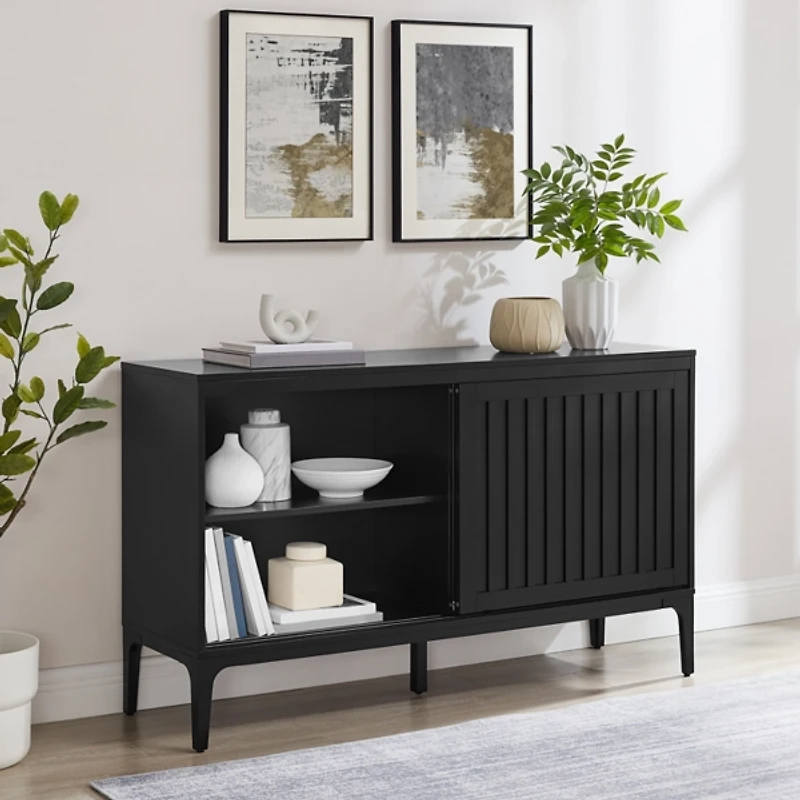Black Slatted Sliding Door Cabinet
