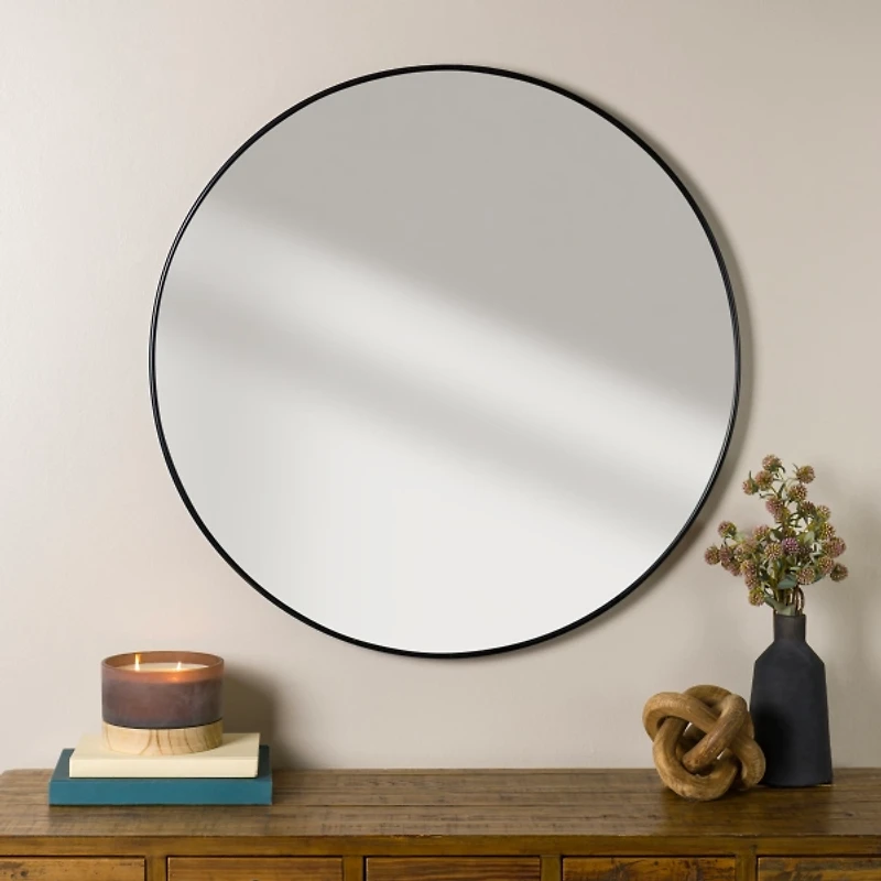 Round Black Nouveau Linear Wall Mirror, 38 in.