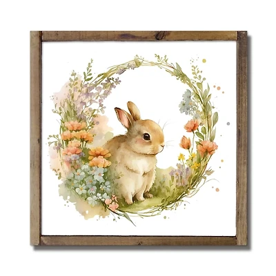 Floral Bunny Framed Wood Wall Plaque