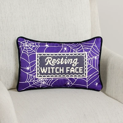 Resting Witch Face Needlepoint Halloween Pillow