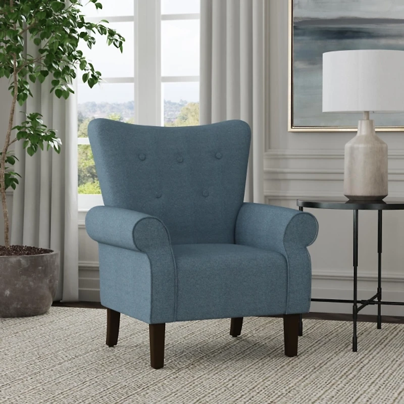 Blue Button-Tufted Rolled Arm Accent Chair