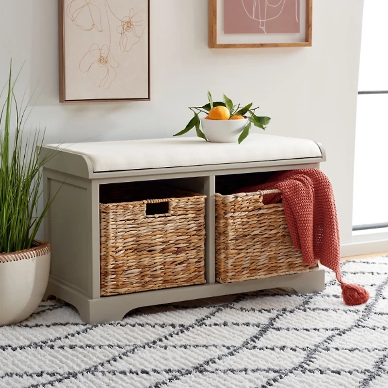 Gray Bench with Woven Storage Baskets