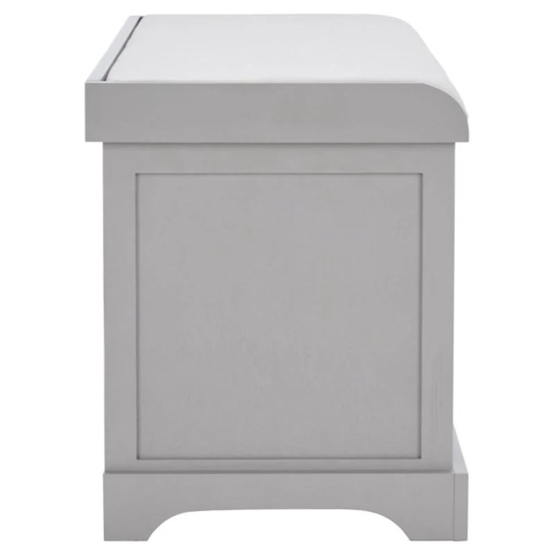 Gray Bench with Woven Storage Baskets