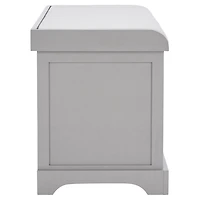 Gray Bench with Woven Storage Baskets