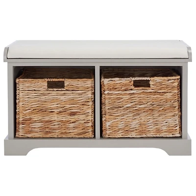 Gray Bench with Woven Storage Baskets