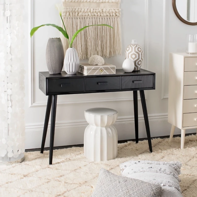 Black Mid-Century Modern 3-Drawer Console Table