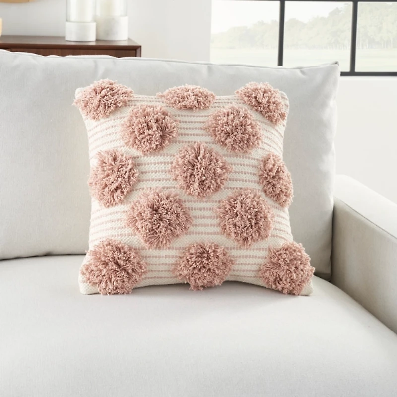 Blush Tufted Pom Poms Throw Pillow