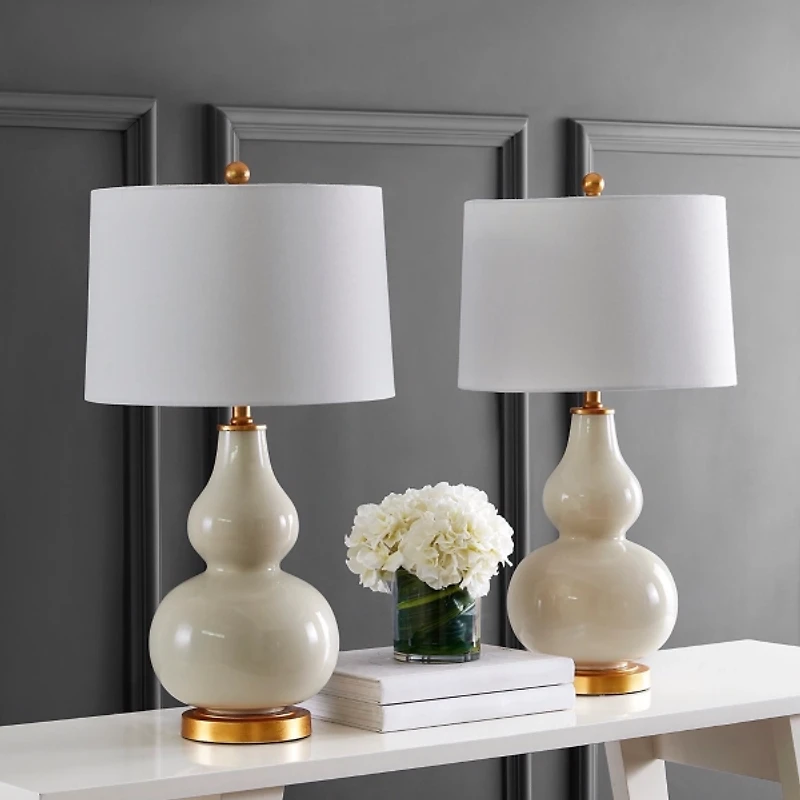 Cream and Gold Leaf Table Lamps, Set of 2