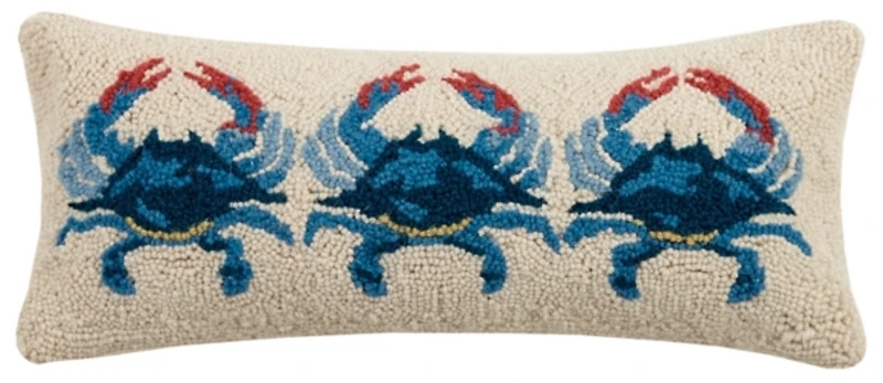 Blue Crabs Hooked Wool Lumbar Pillow