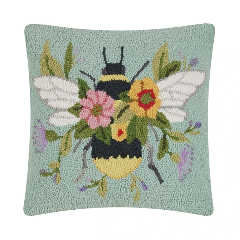 Floral Bee Hooked Throw Pillow