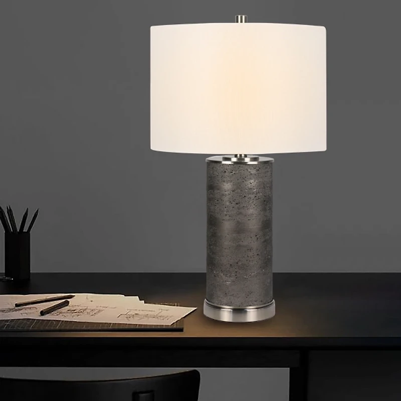 Gray Stone and Steel Cylinder Table Lamp