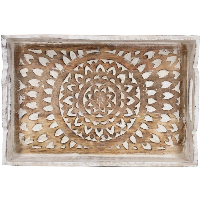 Brushed White Mandala Carved Trays, Set of 2