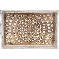 Brushed White Mandala Carved Trays, Set of 2
