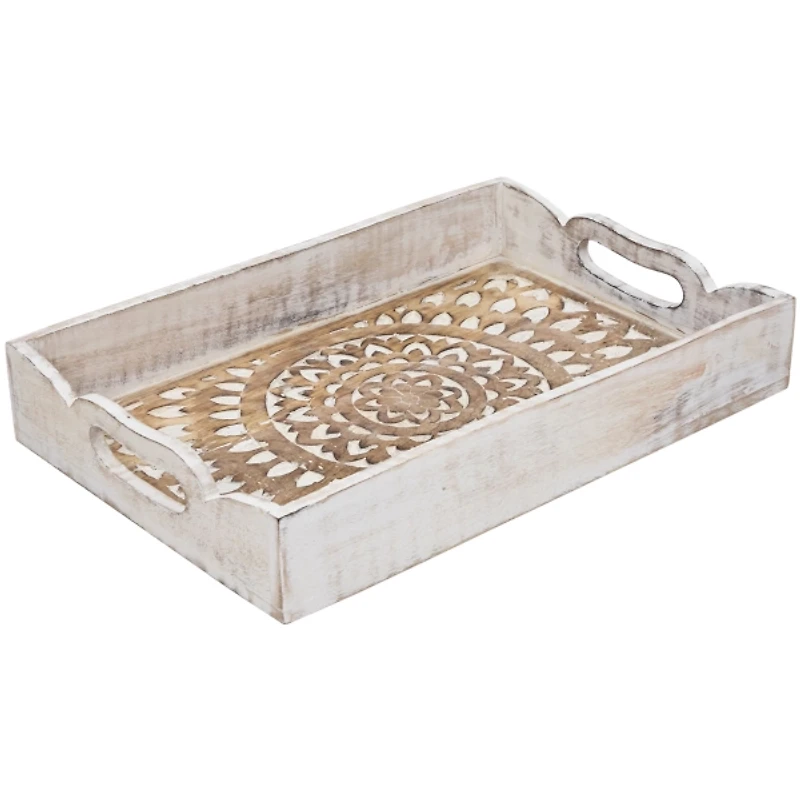 Brushed White Mandala Carved Trays, Set of 2